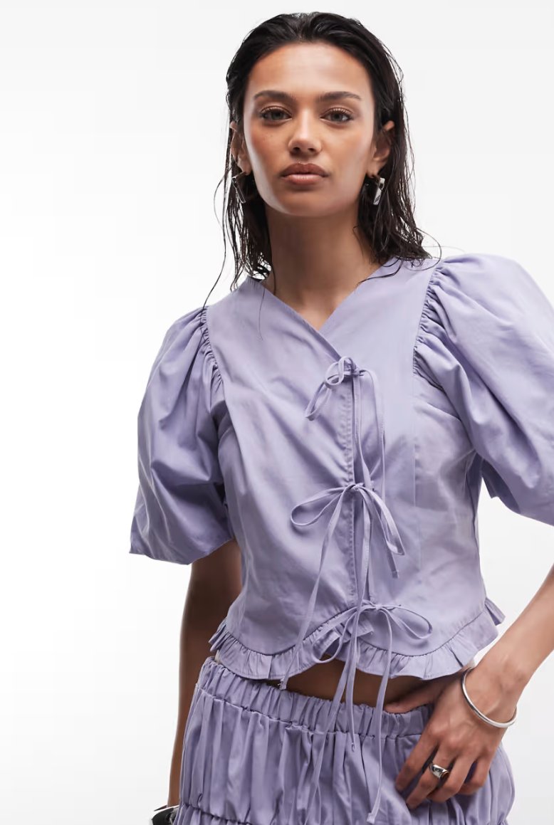 ASOS Western Puff Sleeve Tie Front Top, 100% natural fabric tops