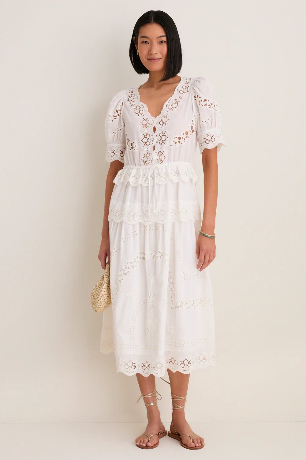Sea New York Cream Sofia Embroidery Puff Sleeve Dress, 100% natural fabric dresses