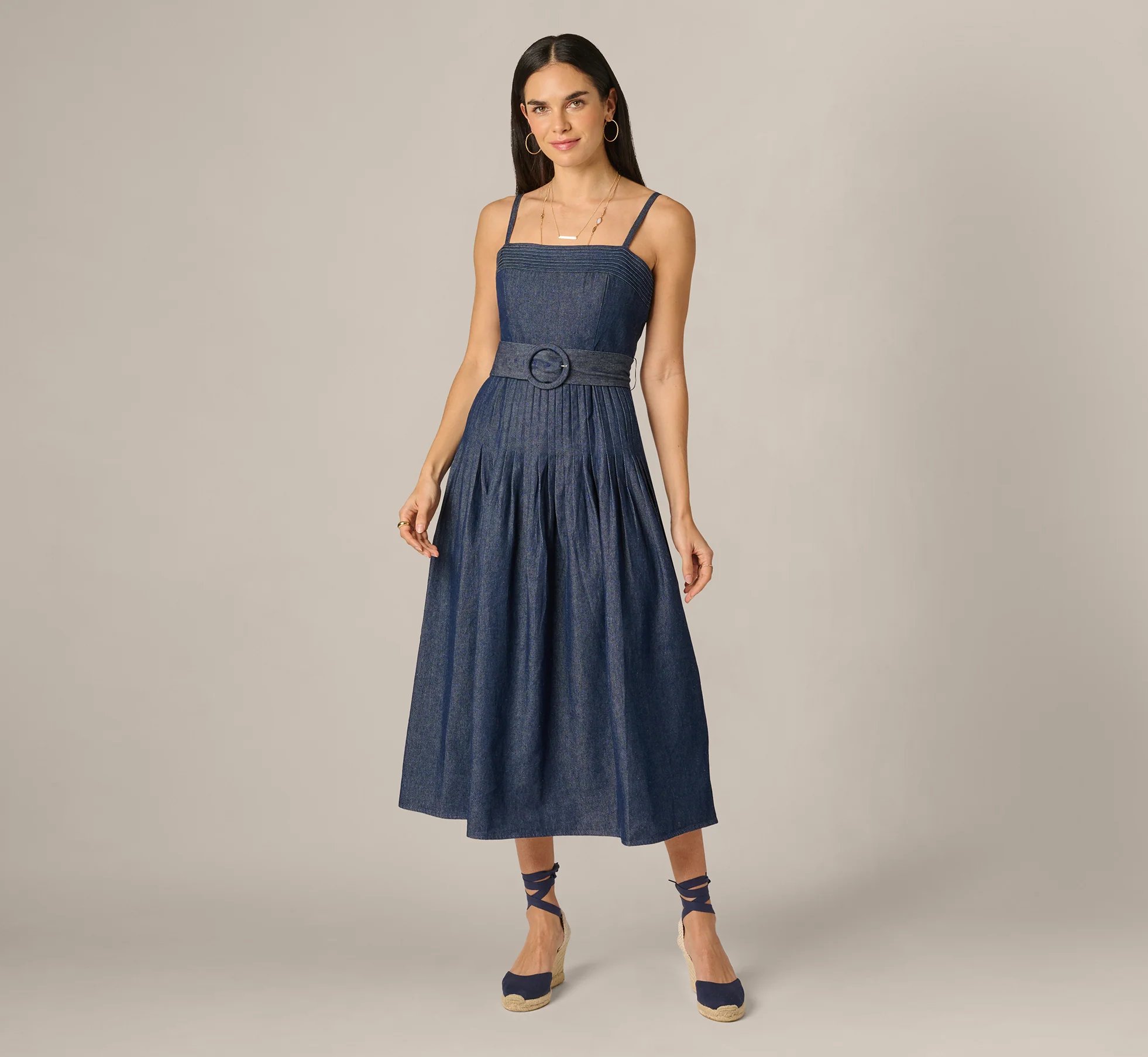 Adrianna Papell Blue Cotton Denim Drop Waist Belted Midi Dress, 100% natural fabric dresses