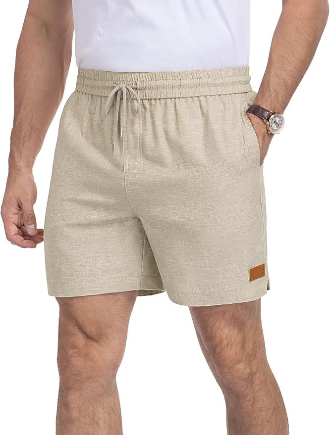 Amazon NITAGUT Mens Casual Cotton Shorts - 5.5" Elastic Waist Drawstring Summer Beach Lightweight Shorts with Pockets,Army Green,S at Amazon Men’s Clothing store, 100% natural fabric shorts