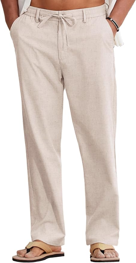 Amazon COOFANDY Mens Summer Pants Cotton Linen Beach Pants Casual Drawstring Pants, 100% natural fabric pants