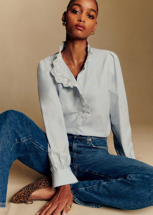 Sézane Chlo Shirt - Stripes Ecru / Blue - Organic Cotton, 100% natural fabric tops