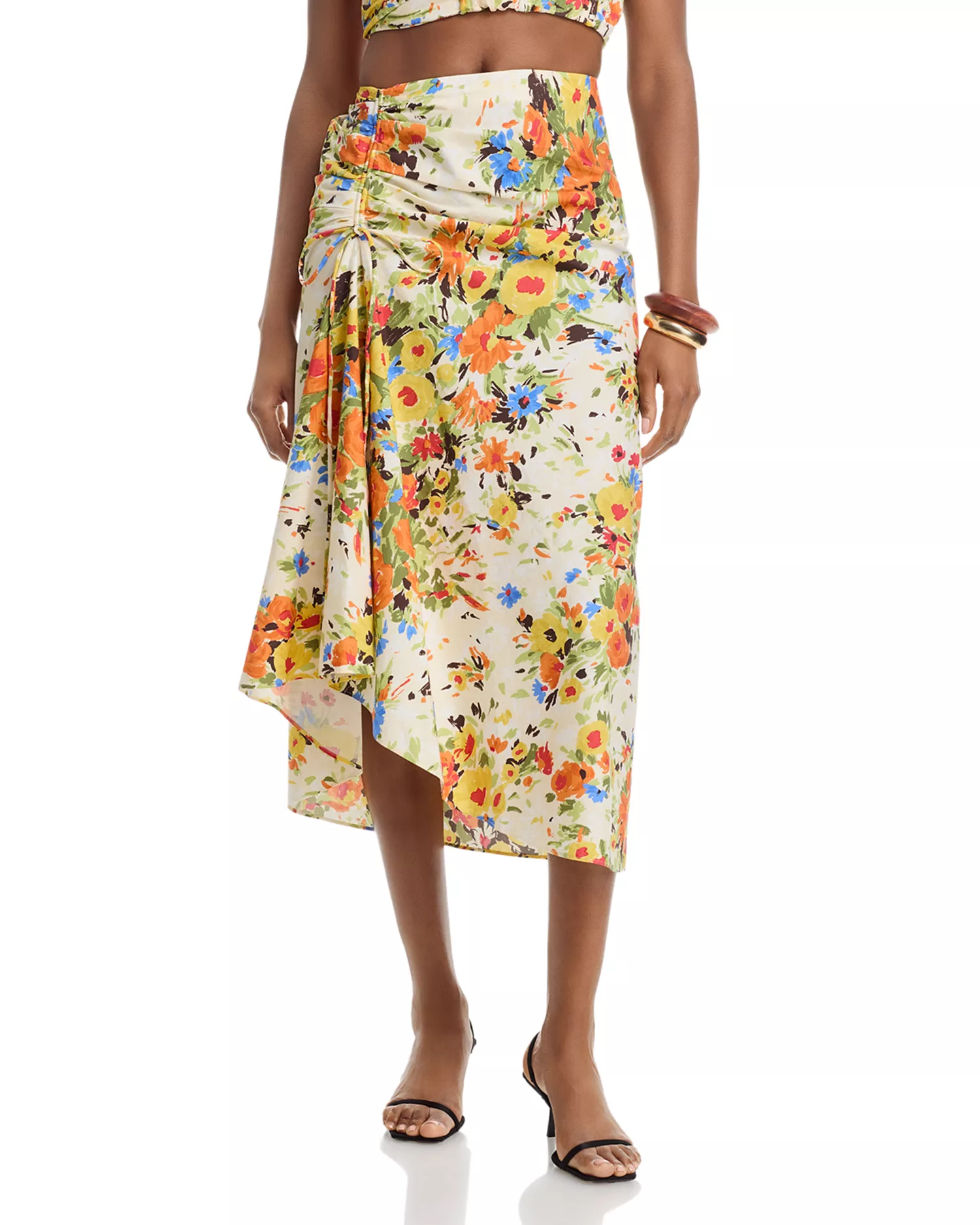 ALC Naomi Printed Ruched Cotton Midi-Skirt, 100% natural fabric skirts