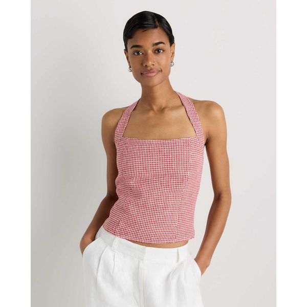 Quince 100% European Linen Halter Top in Red Classic Mini Gingham, 100% natural fabric tops