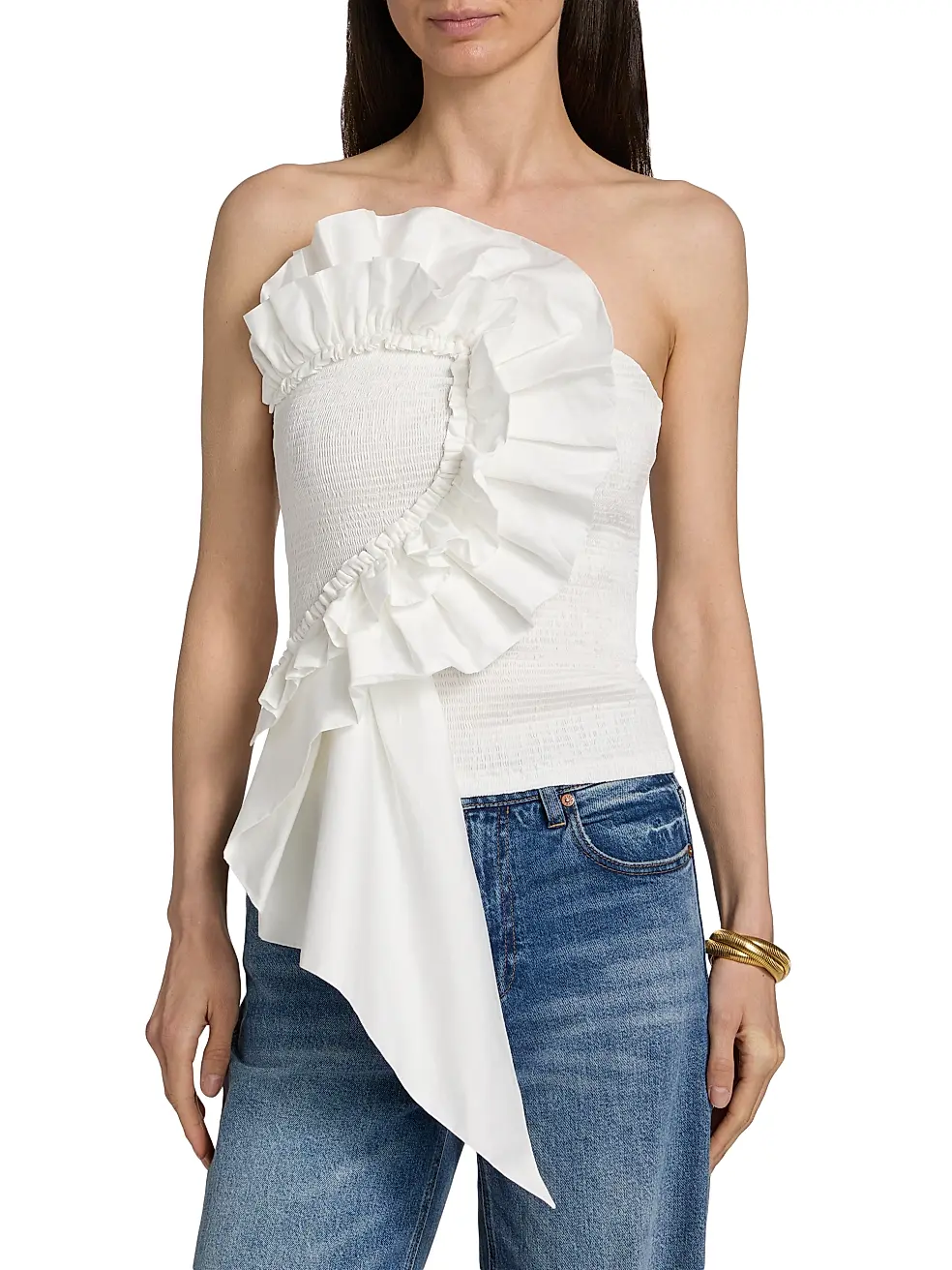 Farm Rio SMOCKED RUFFLED COTTON STRAPLESS TOP, 100% natural fabric tops