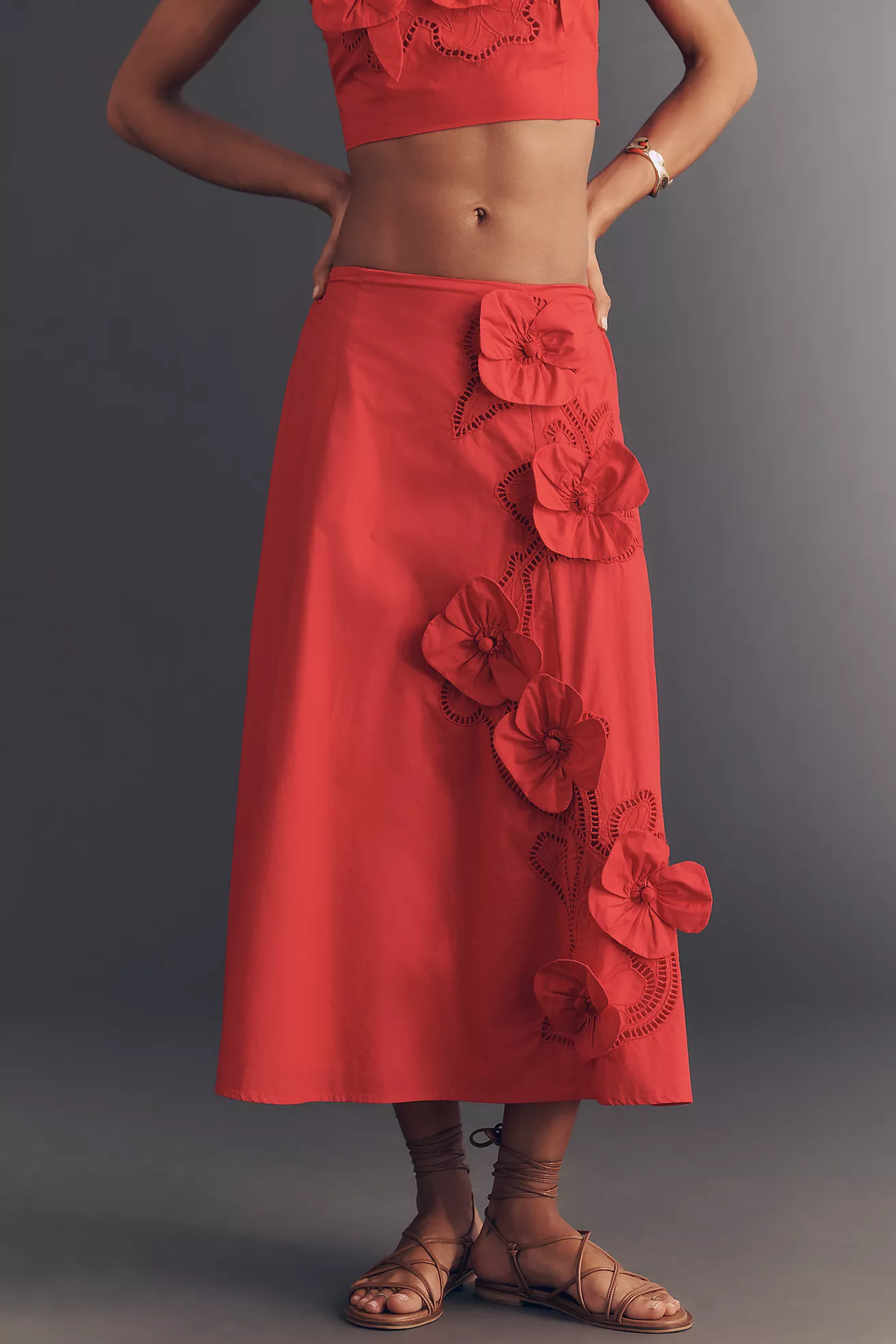 Anthropologie Maeve 100% Cotton Floral Appliqué Midi Skirt, 100% natural fabric skirts