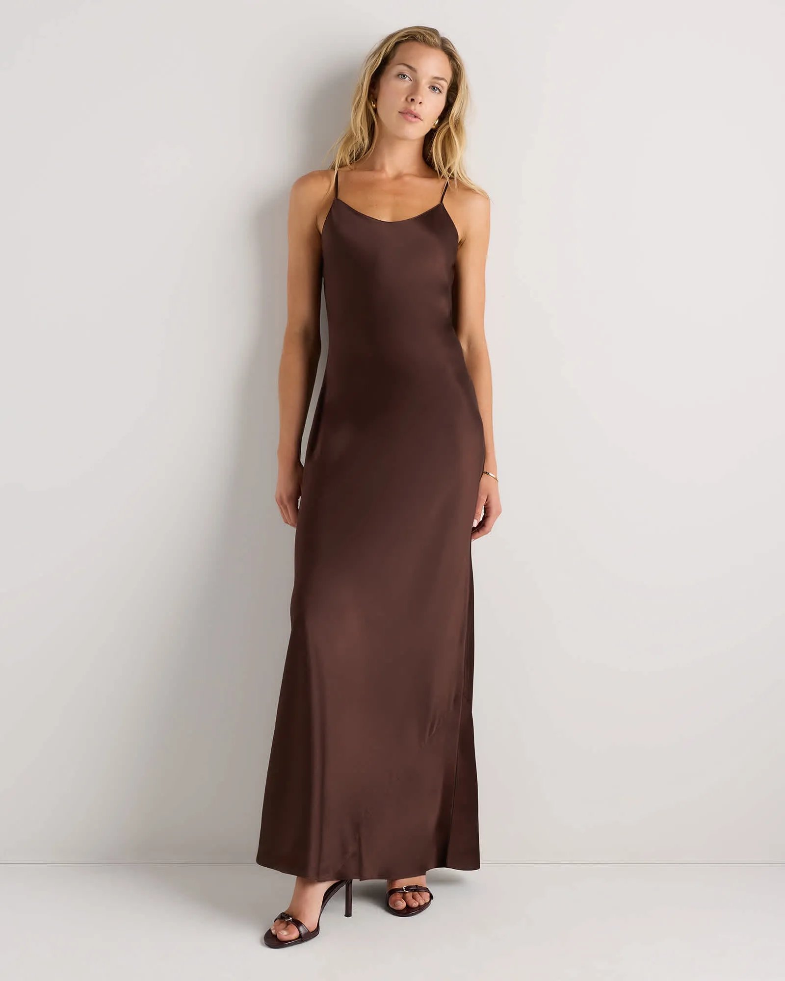 Quince 100% Washable Silk Maxi Slip Dress in Hot Fudge, 100% natural fabric cocktail