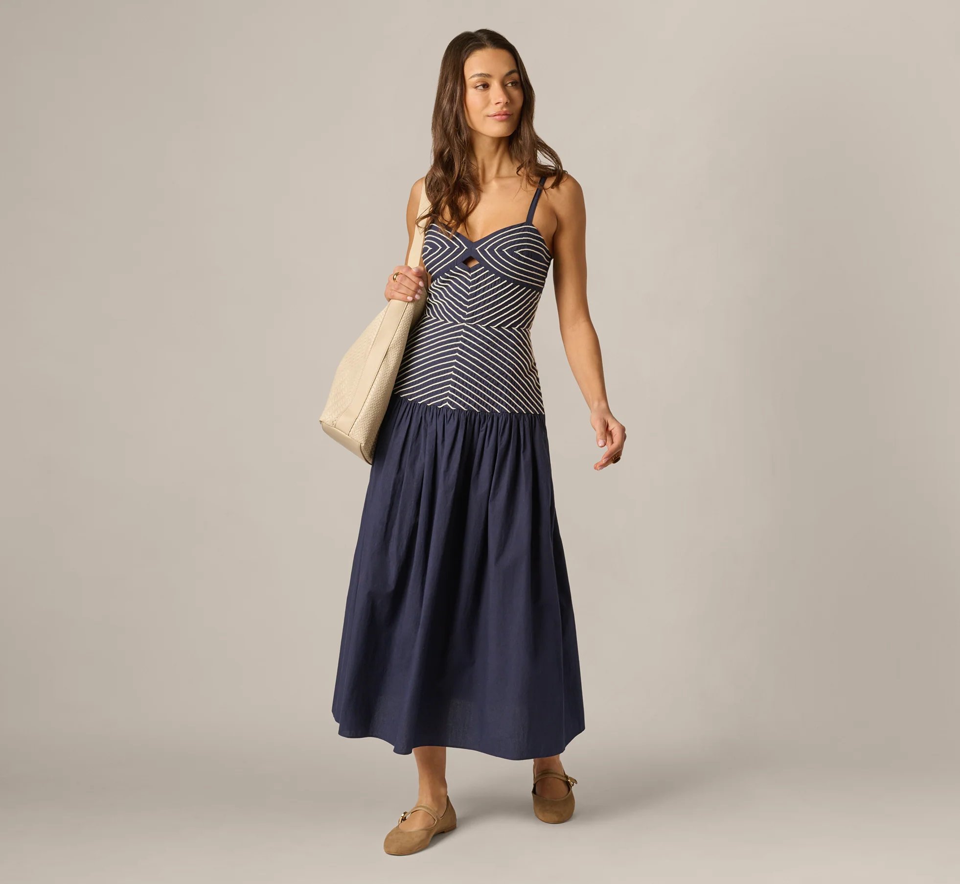 Adrianna Papell Multi Colored Drop Waist Chevron Cotton Midi Sundress, 100% natural fabric dresses