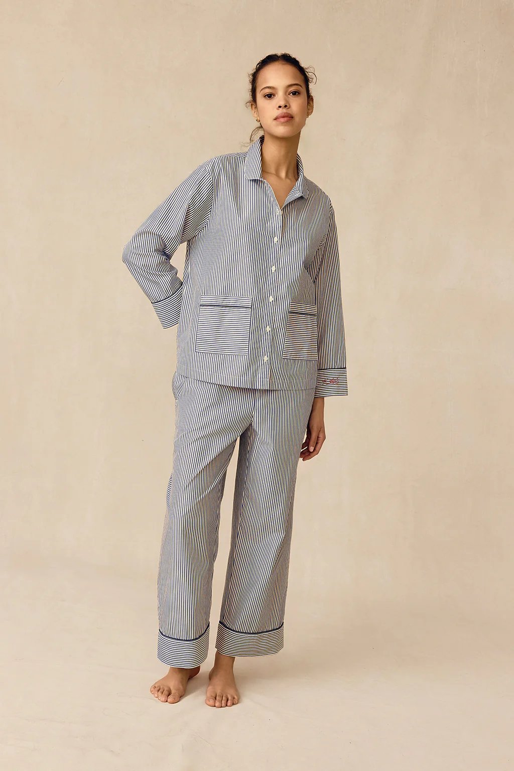 Lake Pajamas Poplin Piped Long-Long Set in English Navy Riviera Stripe, 100% natural fabric pajamas