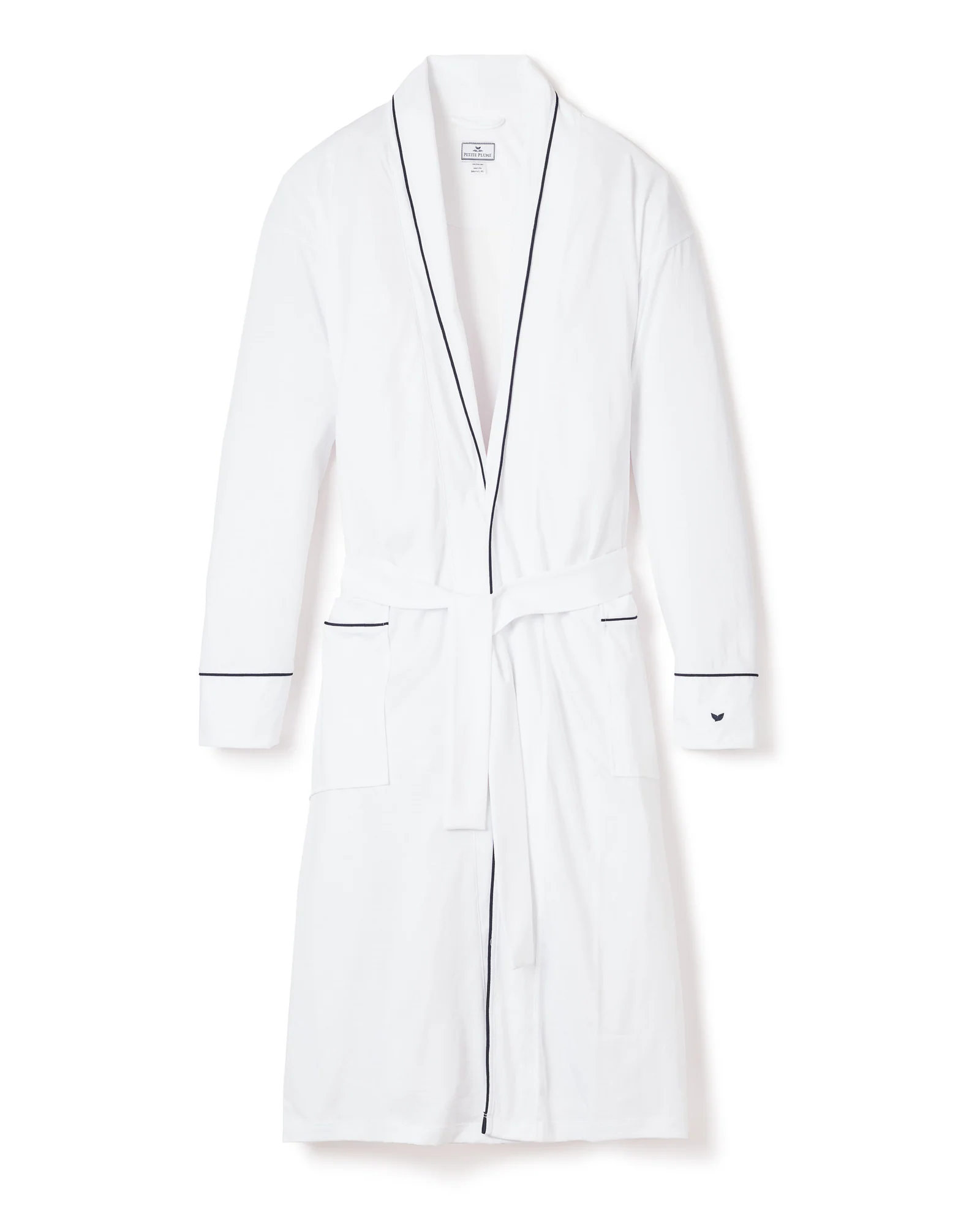 Petite Plum Men's Pima Robe in White with Navy Piping, 100% natural fabric robes