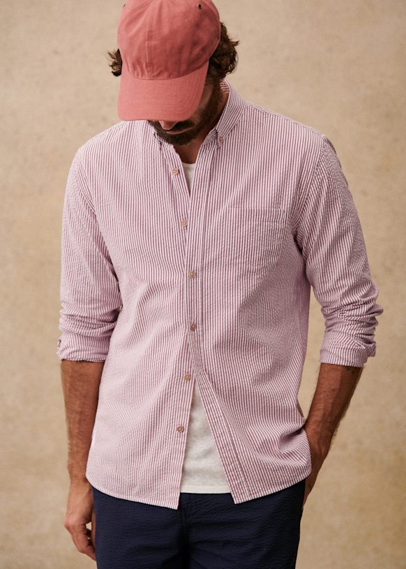 Sézane Charlie Seersucker Shirt - White / Burgundy - Organic cotton - organic textile, 100% natural fabric shirts