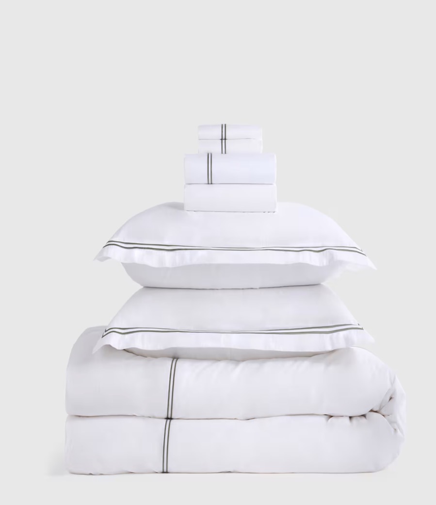 Quince Organic Crisp Percale Embellished Deluxe Bedding Bundle in White/Dusty Olive, 100% natural fabric duvet covers & sets