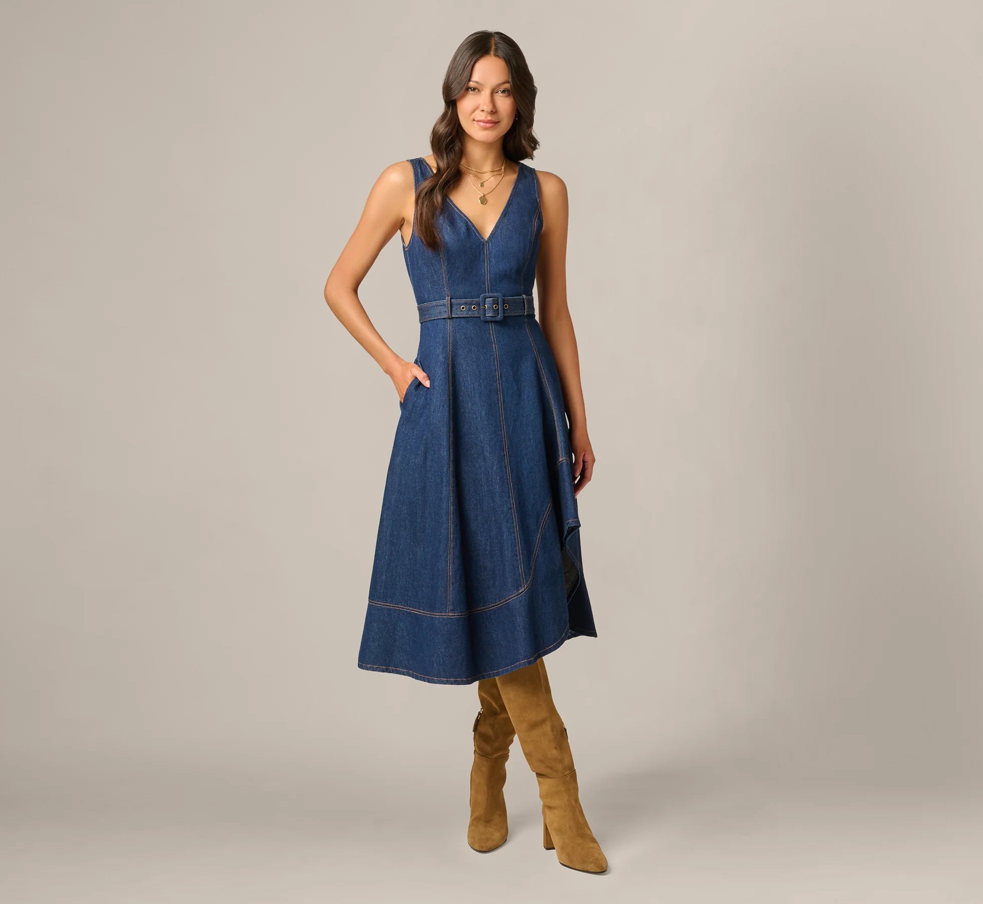 Adrianna Papell Navy Denim Hitch Hem Everyday Midi Dress, 100% natural fabric dresses