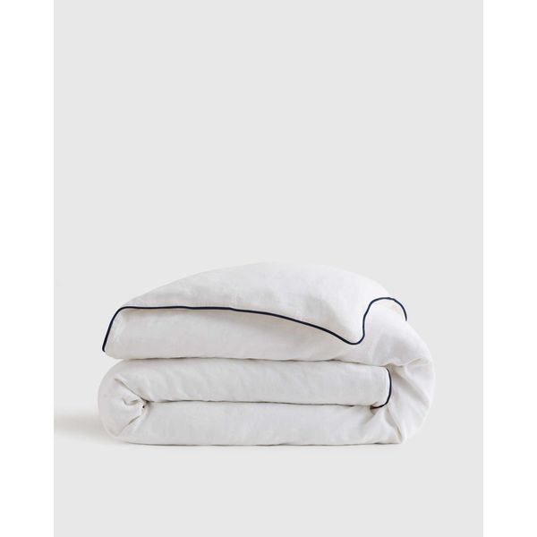 Quince European Linen Piped Duvet Cover in White/Navy, 100% natural fabric linen bedding