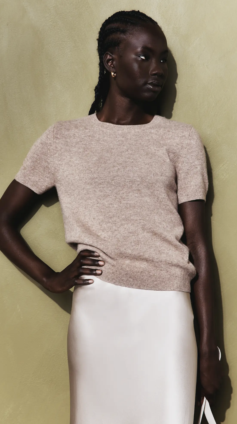 Quince Cashmere Tee in Oatmeal, 100% natural fabric knitwear