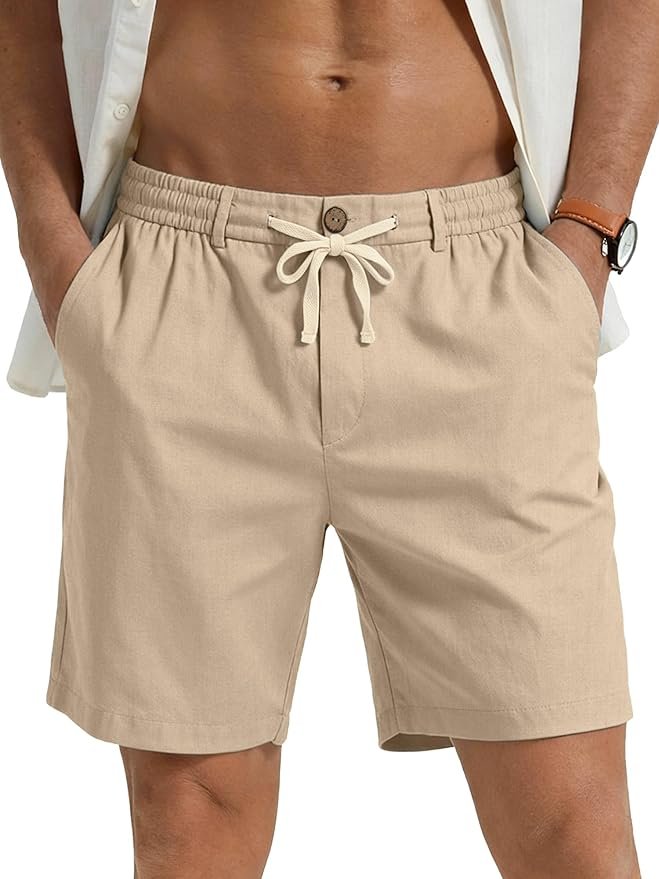 Amazon PLEPAN Men's Casual Linen Dress Shorts - 7-Inch Inseam Beige Small, 100% natural fabric shorts